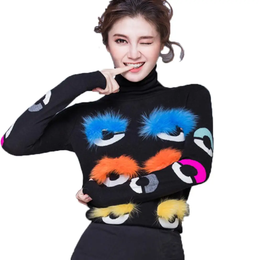 

Geometric Circle Rabbit Fur Monster Sweaters Women Runway Designer Thermal 2017 Autumn Winter Thickening Knitting Pullover Black