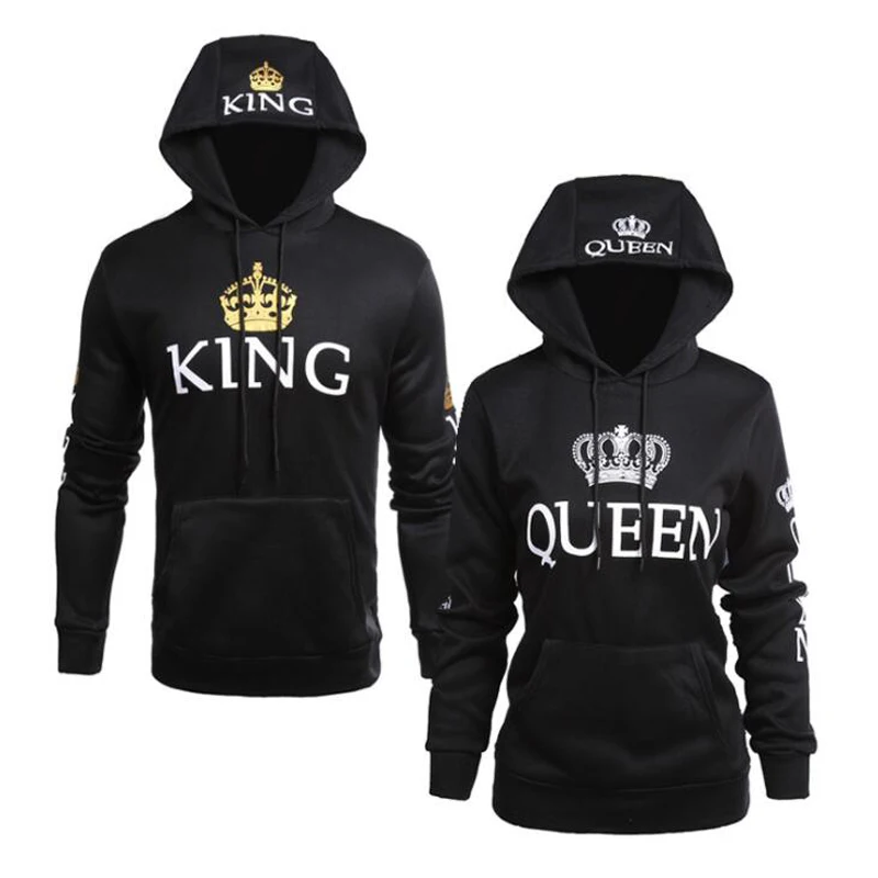 QUEEN KING, с принтом, с капюшоном, с длинным рукавом, для пары, топ, модный, стиль, с надписью, женская футболка, повседневная, с длинным рукавом, рубашка для женщин