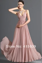 Freies verschiffen!!! Brilliant a-linie mit v-ausschnitt falten ganzkörperansicht lange zipper zurück rosa chiffon abendkleid