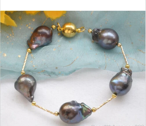 

Free shipping@@@@@ REAL 8" 17mm black BAROQUE KESHI REBORN PEARL gild 5star bracelet Z5608