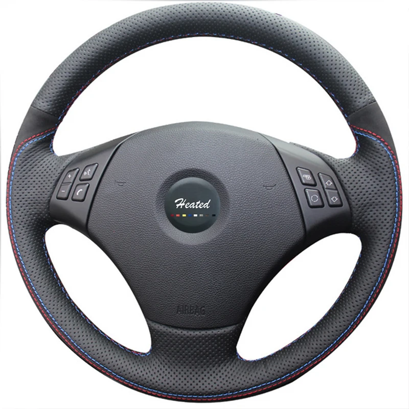 Black Genuine Leather Black Suede Car Steering Wheel Cover for BMW E90 320 318i 320i