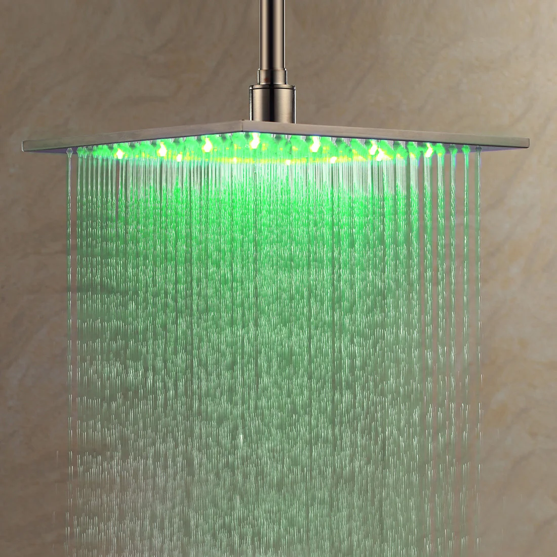 

Ceiling Mounted 12" Square 3 Color Stainless LED Rainfall Shower Head Brushed