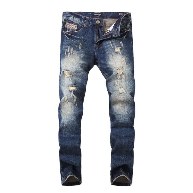 Italian Designer Men Jeans High Quality Slim Fit Ripped Jeans Dark Blue