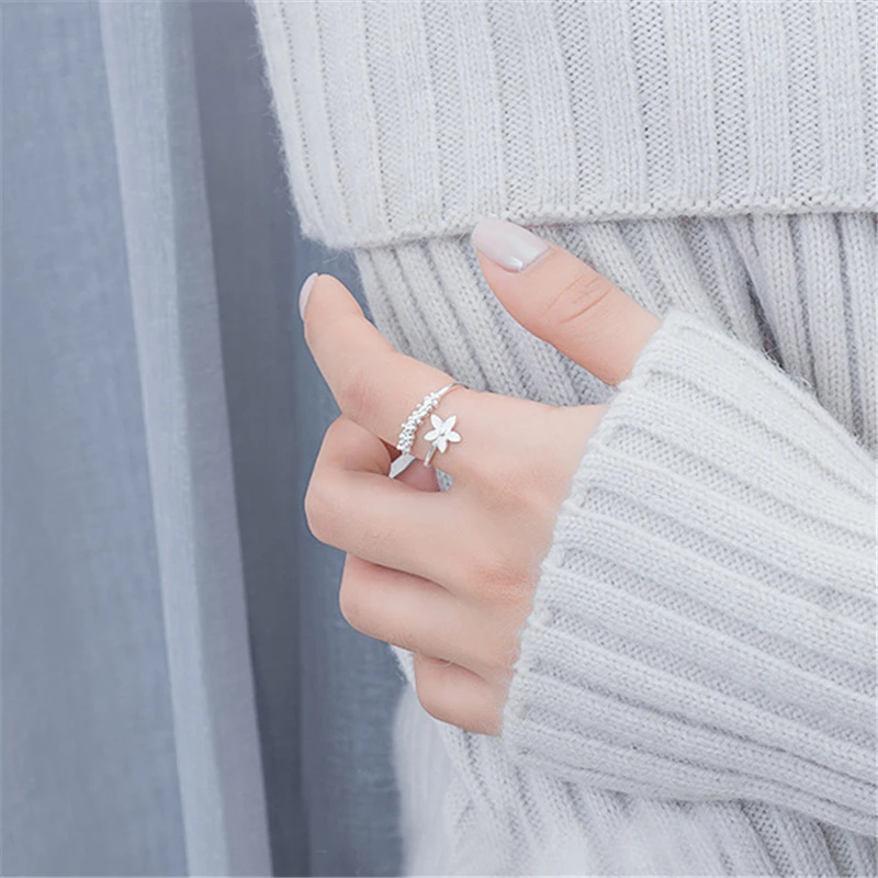 AKOLION Fashion Silver White Glaze Flower Adjustable Rings 925 Simple Design Ring for Women Girl Valentine's Day gift