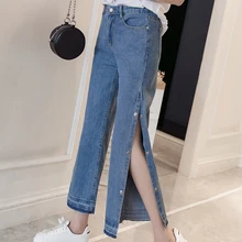 Spring Woman's Jeans Spring Fashion Vintage High Waist Jeans Woman Button Side Slit Ladies Jeans Wide Leg Jeans Pants Female striped side wide leg raw hem jeans