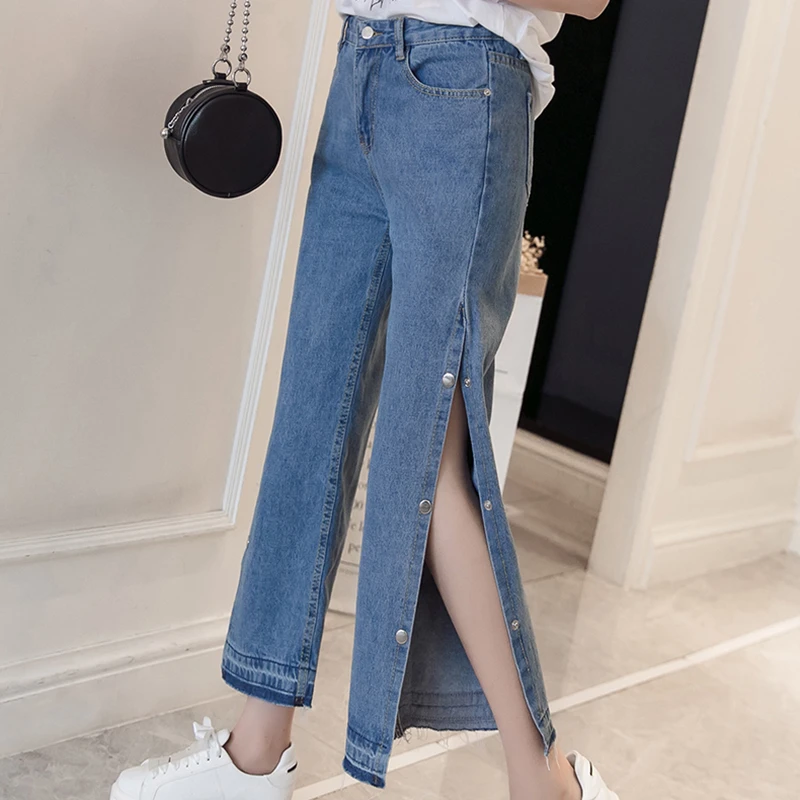 wide leg jeans with buttons on side
