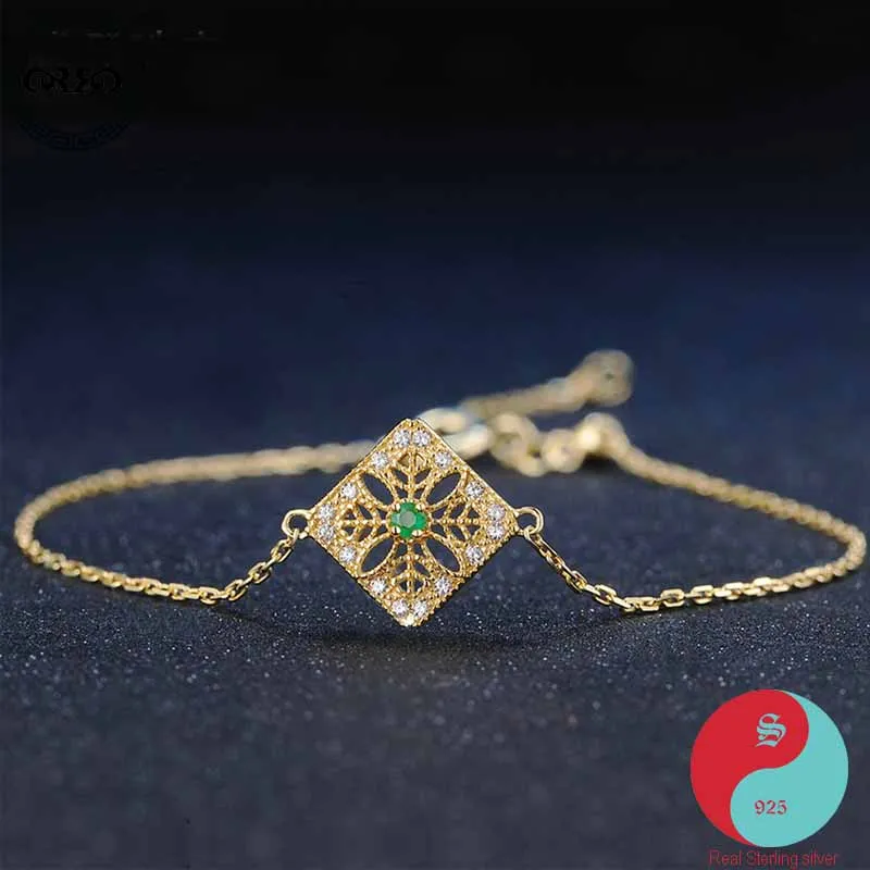 

Cute Real Pure 925 Sterling Silver Bracelet Japanese natural emerald gold micro-inlaid women's Luck Bracelet Fine Jewelry