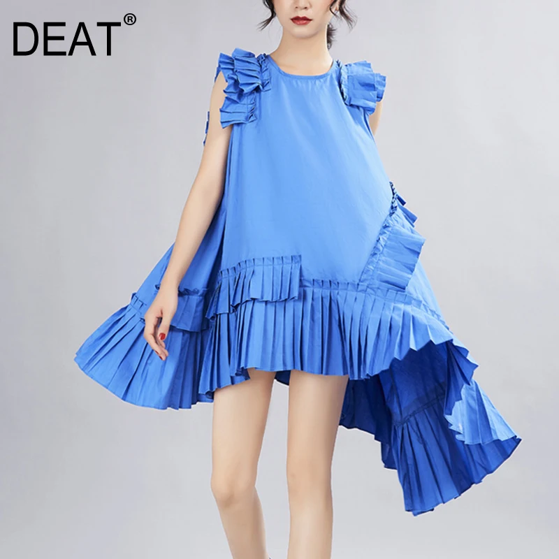 

[DEAT] 2019 New Spring Summer Round Neck Sleeveless Blue Irregular Ruffles Pleated Stitch Loose Dress Women Fashion Tide JX338