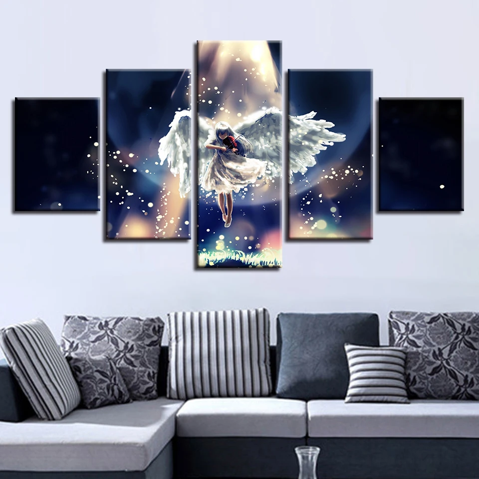 Us 9 15 47 Off Wall Art Modular Canvas Pictures Poster Hd Print 5 Pieces Angel Girl Play The Violin And Moon Night View Paintings Decor Bedroom In