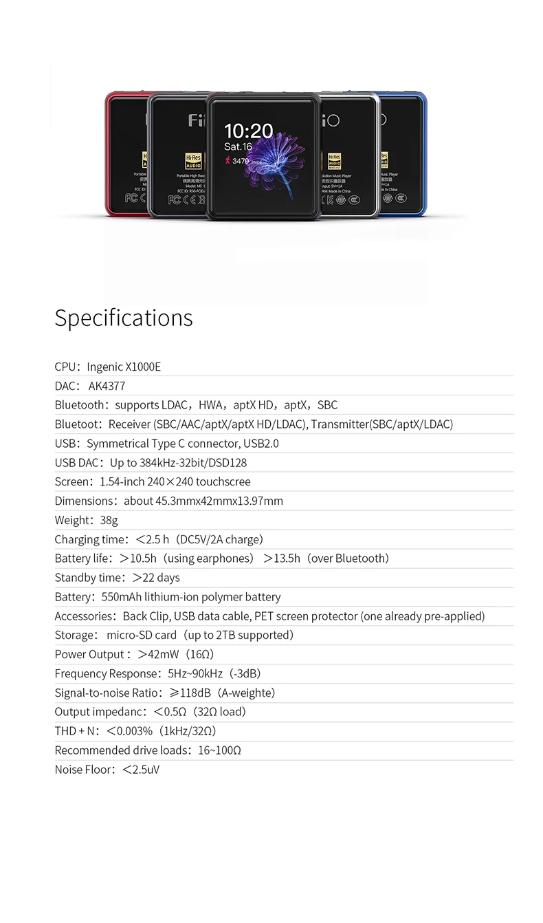 FiiO M5 HiFi аудио AK4377 384khz-32 бит/DSD128 без потерь Hi-Res Bluetooth портативный музыкальный плеер MP3 USB DAC LDAC/AAC/aptX HD/aptX