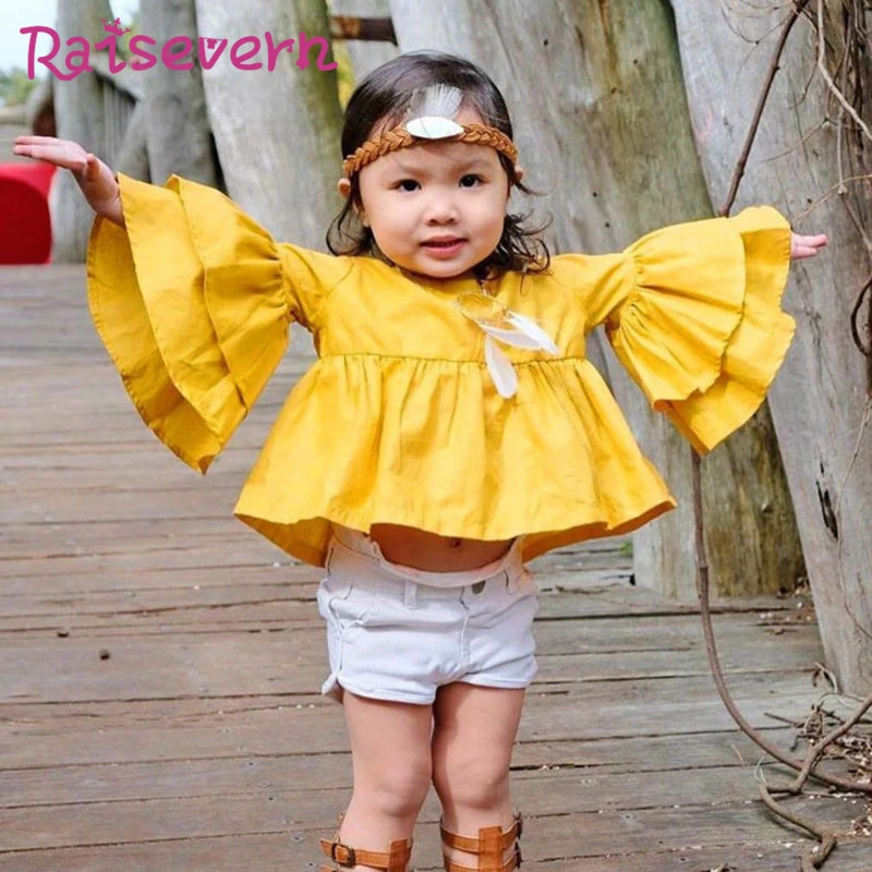 

Baby Girls Solid Yellow Flare Sleeve Blouse Teenager Cotton Girls Splice Tops School Wear Shirt Long Sleeve Children Clothing