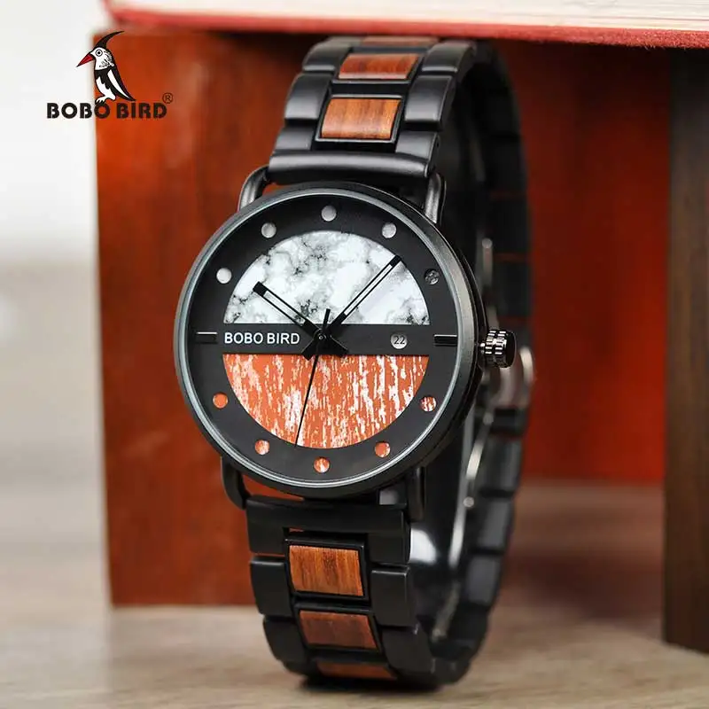 BOBO BIRD Men Luxury Wood Watch Timepiece Date Show Stainless Steel & Wood Band In Gift Box relogio masculino L-R30/S01