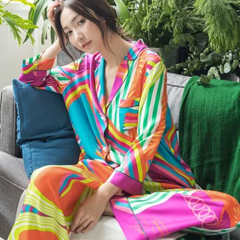 

Unique High Quality Vintage Grace Plus Size Luxury Wholesale Women Print Bright Color Long sleeve Silk Pajamas 2 piece Sleepwear