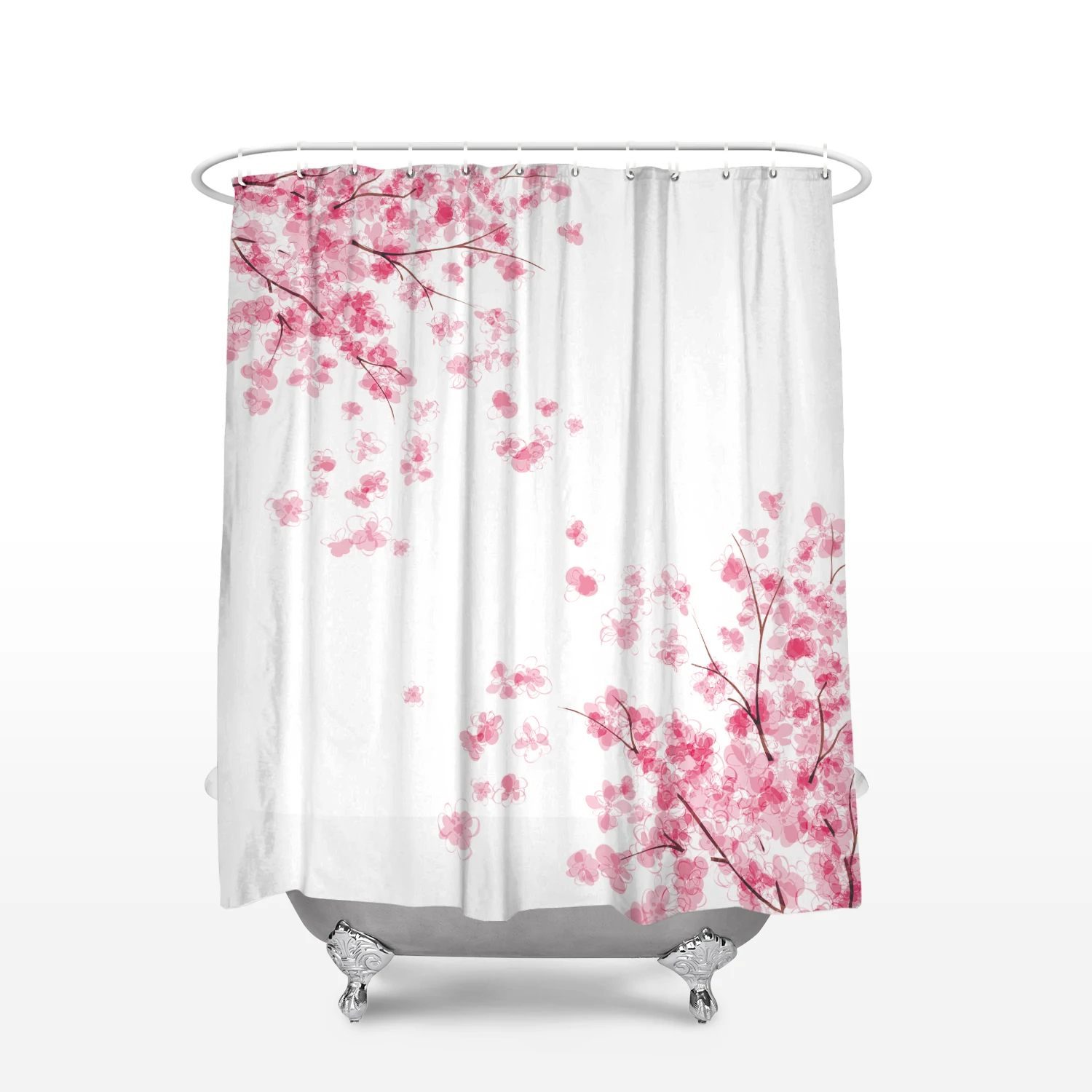 Floral Sakura Waterproof Bathroom Home Decor Shower Curtain Set With 12 Hooks
