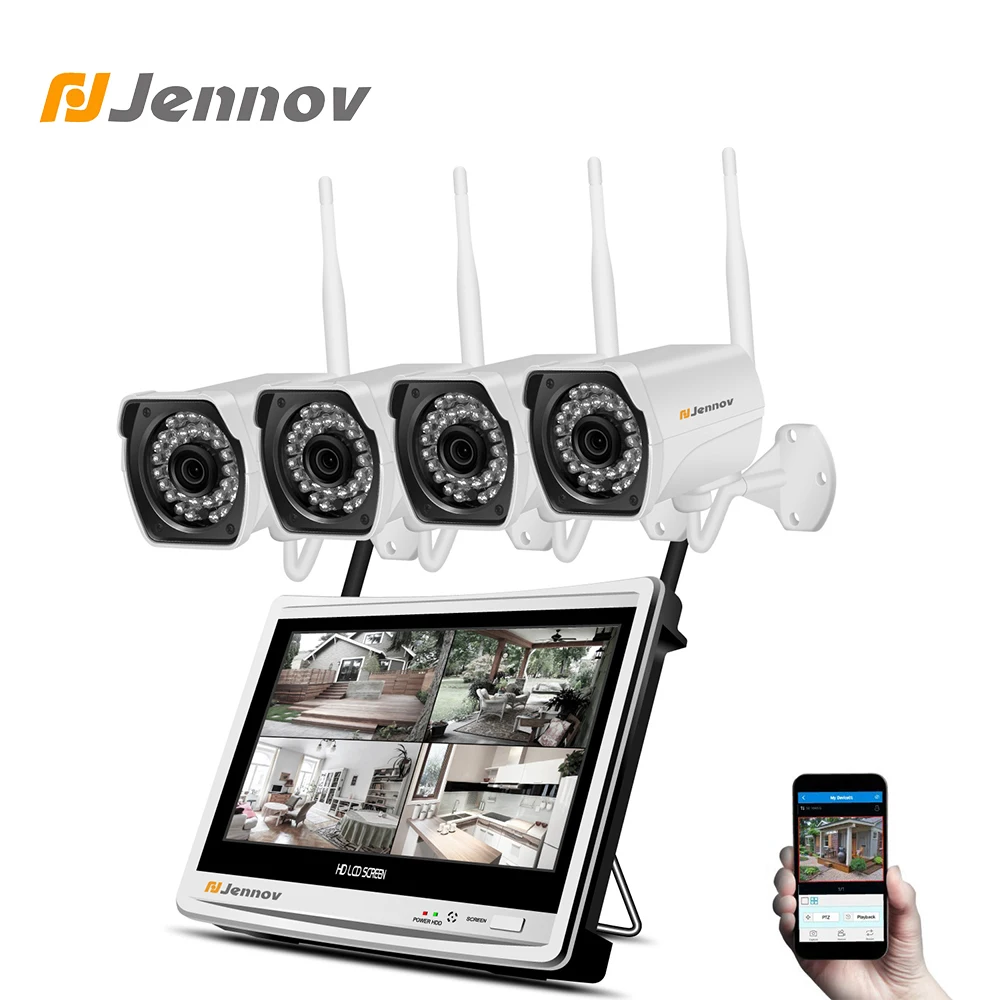 

Jennov 4CH CCTV Kit Wireless Security Camera System 960P HD Home Security 12inch LCD Wifi NVR Video Surveillance IP Camera