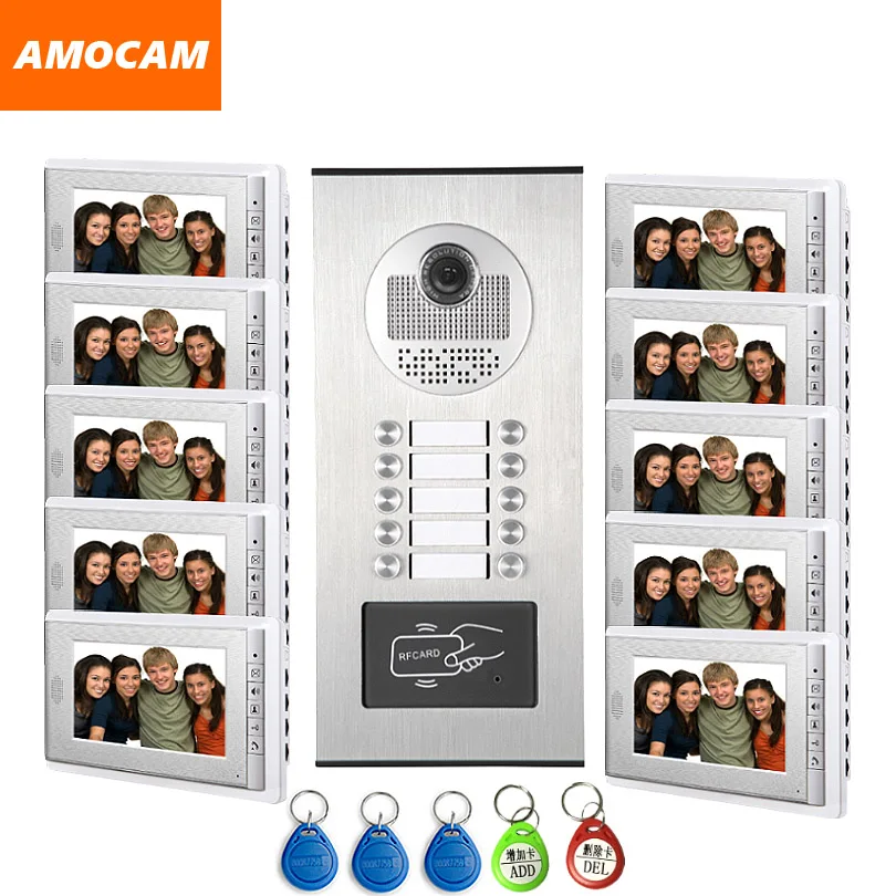 10 Units Video Intercom Apartment Door Phone System HD Camera 7\ Monitor video Doorbell with 5-RFID Card Unlock for 10 Household