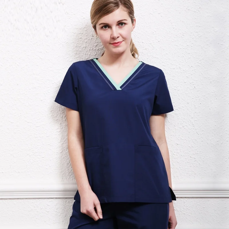 Women's Scrubs Top V-neck Short Sleeves Shirt Color Blocking Design Doctor Costume Medical Uniforms(Just A Top)