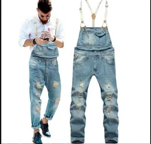 Fashion men’s slim ankle length bib pants Male hole ripped denim jeans Suspenders overalls Jumpsuits for men 020801