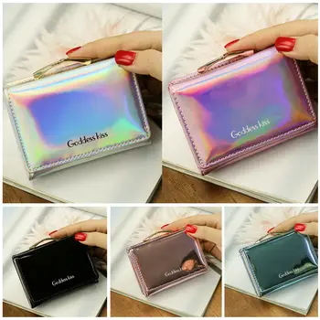 

2019 Newest Hot Women Short Small Coin Purse Wallet Ladies Leather Folding Card Card Holder Laser Colorful Coin Purses