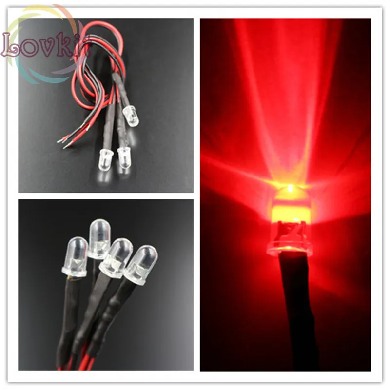 50pcs LED 5MM 12v Pre Wired Resistor Red Round Top 12v DC 20cm Emitting