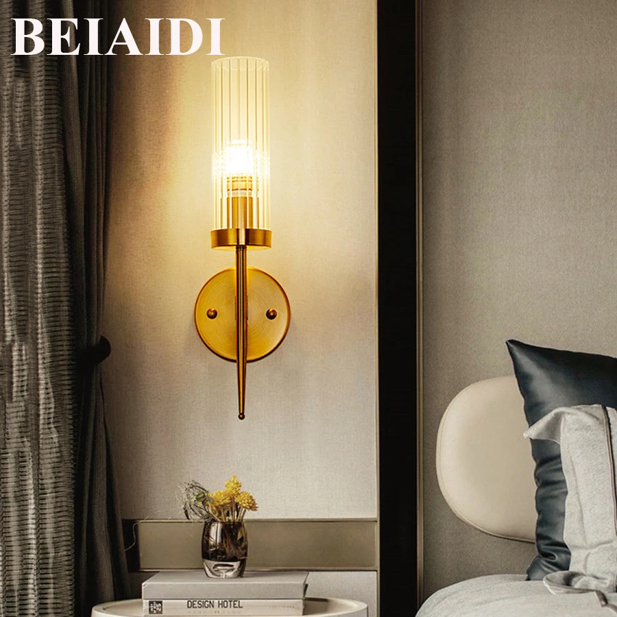 BEIAIDI Американский минималистский стеклянная настенная лампа E14 роскошный золотой гостиной спальни прикроватная лампа крыло отеля настенное бра для коридора