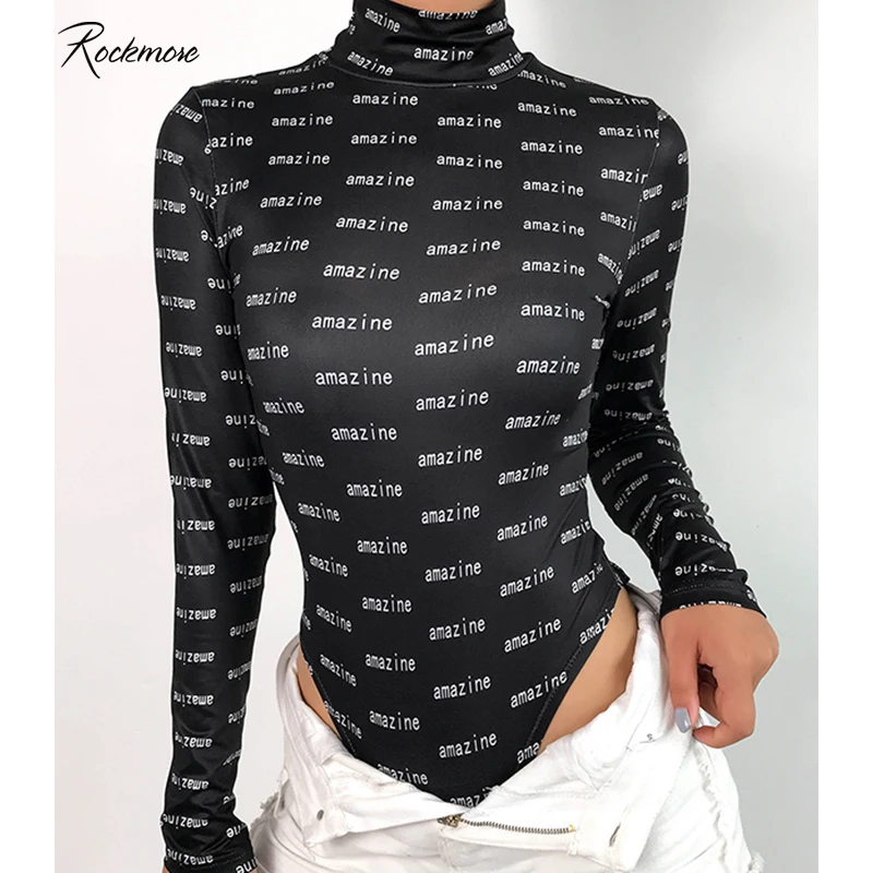 

Rockmore Bodycon Gothic Long Sleeve Bodysuit Women Turtleneck Letter Printed Ladies Jumpsuits Bodysuits Playsuits Autumn Winter
