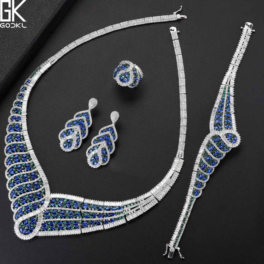 

GODKI NEW Luxury Peacock Blue 4PCS African Jewelry Sets For Women Wedding Cubic Zircon Crystal CZ DUBAI Bridal Jewelry Sets 2018