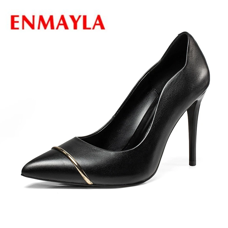 

ENMAYLA Genuine Leather Pointed Toe Casual Slip-On Women Shoes High Heel Tacones Mujer Size 34-39 ZYL2131