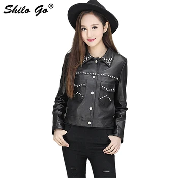 

Autumn Fashion Street Women Short Genuine Leather Jacket Suit lapel Star rivet New Ladies Basic Jackets Good Quality