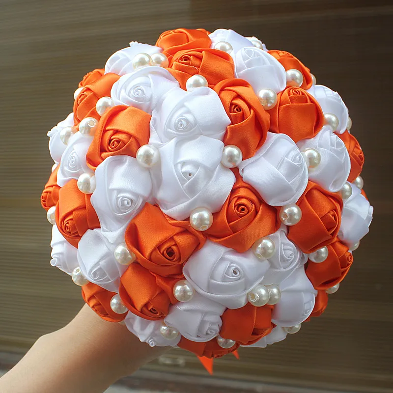 1151 45 De Réductionaliexpresscom Acheter Orange Blanc Rose Fleur Perle Perles De Mariée Bouquet De Mariage Simple Demi Boule Ruban Main Tenant