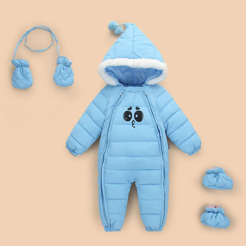 Вниз хлопок, комбинезон для детей на весну и зиму, для мальчиков; пуховик для детей; для девочек теплая дутая куртка для младенцев детский комбинезон ромпер+ туфли+ Перчатки 3 шт. Комбинезоны