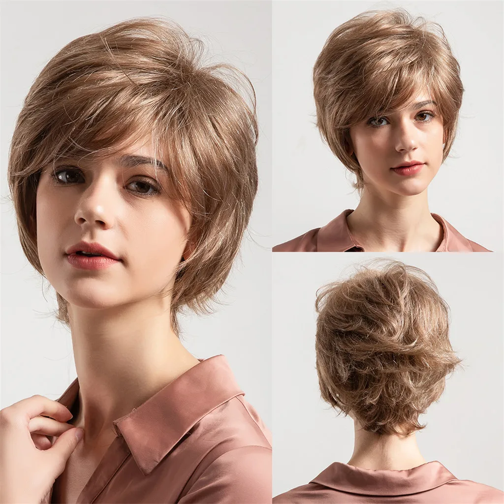

Women Fashion Light Brown Short Curly Hair Wigs 8 Inch Natural Human Hair Fiber Female Wigs Top Quality 2U81202