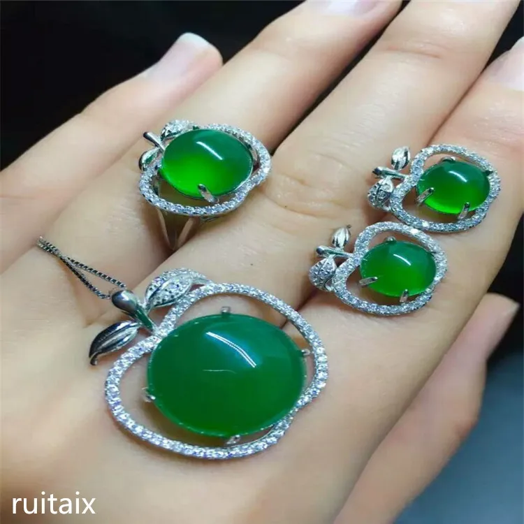 

KJJEAXCMY boutique jewels 925 Pure silver inlay natural green jade medulla ring + pendant + earring set apple goddess bow