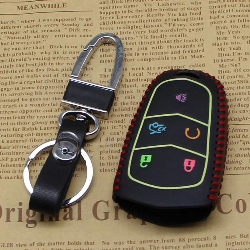 

WFMJ red Leather noctilucous Remote Smart 5 Buttons Key Cover Case For 2015 2016 Cadillac CTS XTS SRX Escalade ESV Escalade ATS