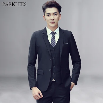 

Spring Single Breasted Two Button Suit Men 2019 Brand New Slim Fit Mens Black Suits with Pants Party Wedding Groom 3 Piece Suit