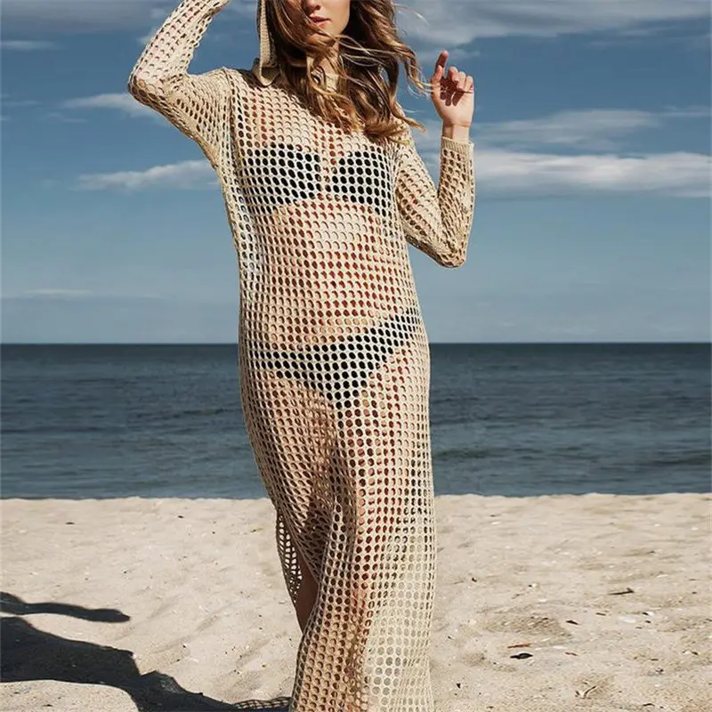 

2019 Sexy See Through Hollow Out Summer Beach Wear Hooded Mesh Dress Women Crochet Tunic Long Sleeve Maxi Dress Sarongs N886