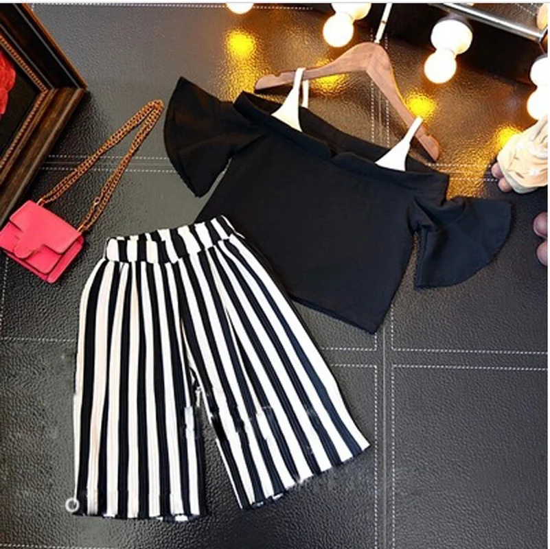 

Baby Girl Clothing 2018 New Summer Casual Children Sets Back Strap Horn Sleeve T-Shirt +Striped 7-cent Pants Kids Clothing Sets
