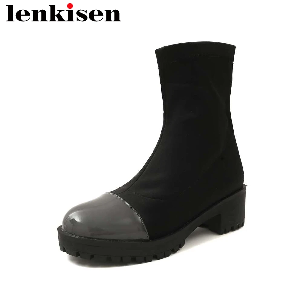 

Lenkisen 2018 recommed big size slip on med heels round toe pu winter warmful patchwork sweet girl women stretch ankle boots L18
