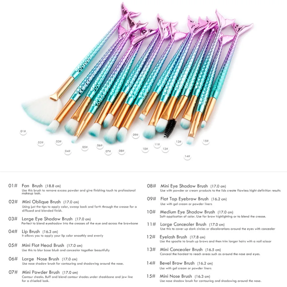 15 шт. кисти для макияжа Новинка Русалка основа для макияжа бровей подводка для глаз Румяна косметический консилер рыбий хвост Макияж Кисти Инструменты