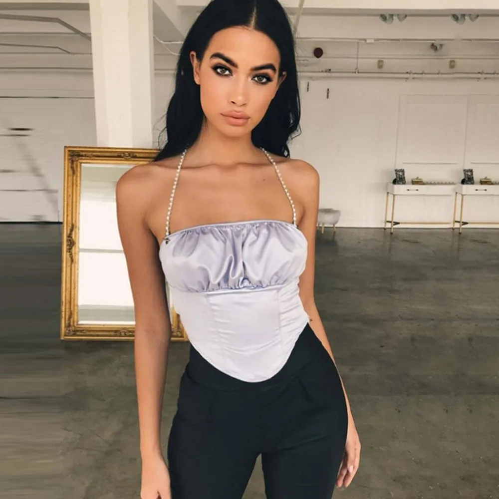 

Backless Halter Bustier Crop Top Womens Tanks Sexy Clothing Rhinestone Chain Strap Summer Tops Satin Camisole
