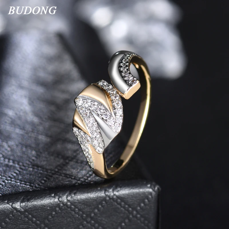 BUDONG, уникальный трендовый подарок, открытые кольца для женщин, золотой цвет, CZ камень, кристалл, коктейльное кольцо, модные ювелирные изделия, Anel Feminino XUR650