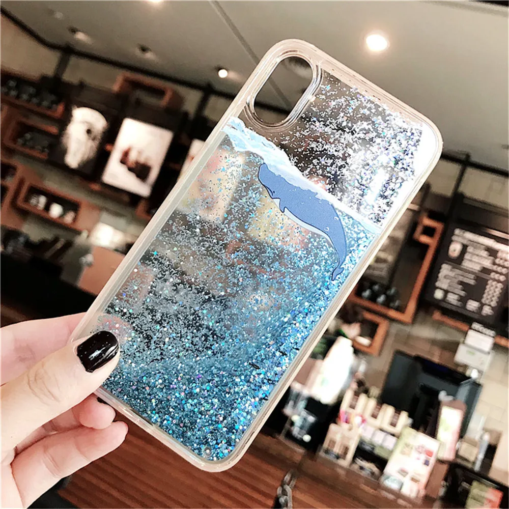 

Liquid Phone Case For iPhone X XS Max XR Case Glitter Sequin Blue Hard PC Cover For iPhone 7 8 Plus 6S 6 Plus Cases Cute Whale