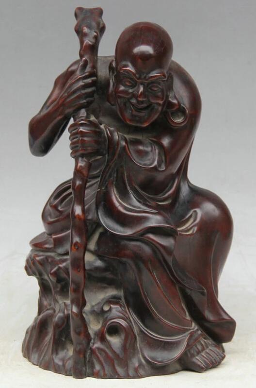 

USPS to USA S2357 13" Chinese Buddhism Boxwood Seat crutch eighteen Arhat Nazarite Buddha Statue (B0328)