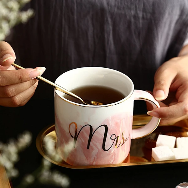 NOCM Marble Ceramic Mugs Gold Plating Couple Lover's Gift Morning Mug Milk Coffee Tea Breakfast Creative Porcelain Cup