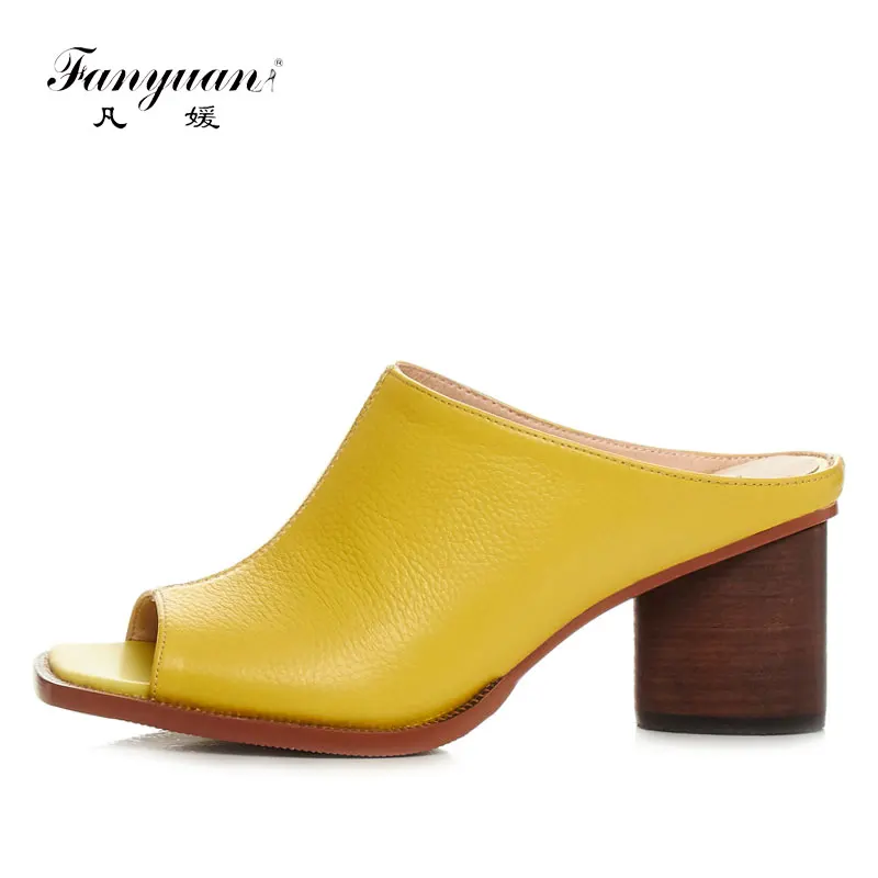 

Fanyuan Female's High Heels Mules ShoesRome Style Ladies Slides Genuine Leather Peep Toe Women's Slippers Stylish Strange Heel