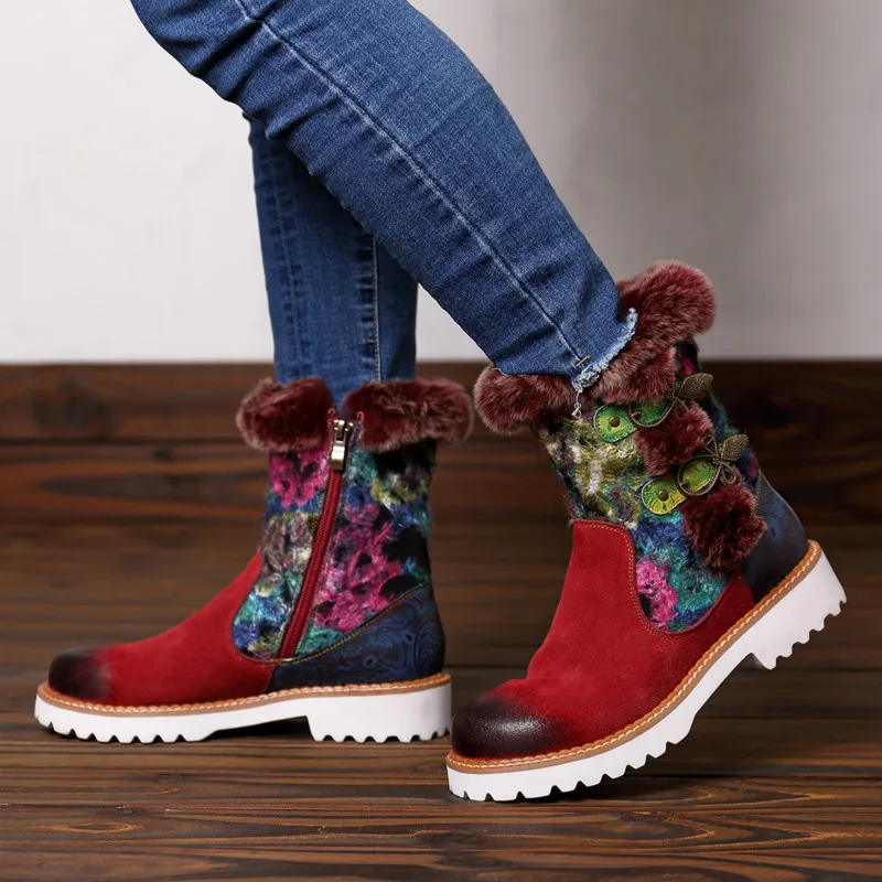 

JINBEILEE 2019 New Sports Walking Shoes Female Rabbit Fur Leather Casual Super Comfortable Retro Soft Flat Snow Women's Boots