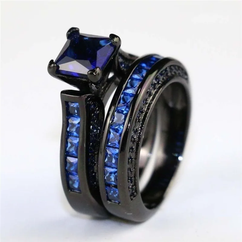 8Seasons Blue Black Gold Women's Wedding Ring Blue Rhinestone Bridal