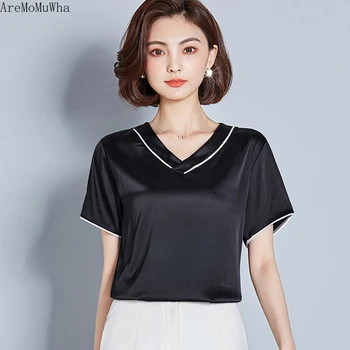 

AreMoMuWha 2019 Summer New Heavy Silk Short-sleeved Women's Shirt Loose Large Size Satin Small Shirt V-neck Silk T-shirt QX853