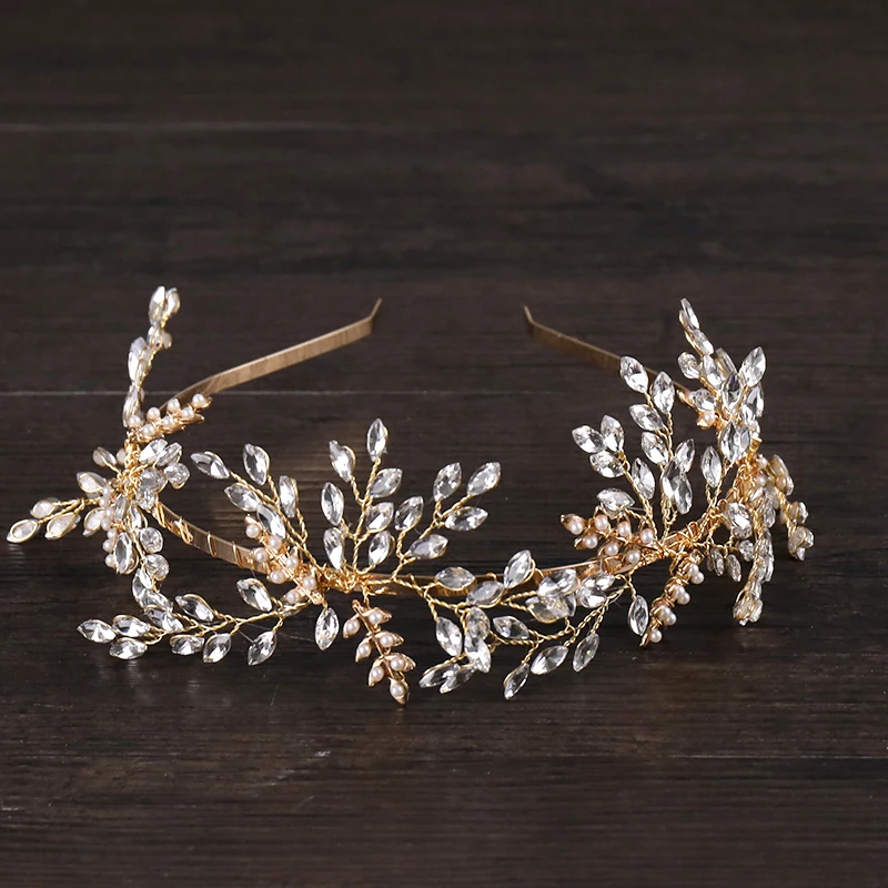 Fashion Crystal Pearl Leaves Headbands Handmade Women Jewelry For Bride