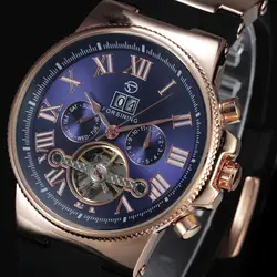 Forsining мужская одежда Tourbillon механические часы Авто Дата в римском стиле синий циферблат резинкой Автоматическая розовое золото спорт Часы